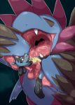  absurd_res ambiguous_gender anthro being_held blue_body bodily_fluids chest_spike chiji duo hand_spike hi_res hydreigon lucario macro male micro nintendo open_mouth oral_vore pok&eacute;mon pok&eacute;mon_(species) red_eyes saliva saliva_on_tongue saliva_string spikes spikes_(anatomy) video_games vore worried 