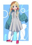  1girl absurdres blonde_hair blue_background blue_eyes bow coat commentary contemporary drawstring eyebrows_visible_through_hair grey_coat hair_bow highres hood hood_down looking_at_viewer medium_hair moriya_suwako no_hat no_headwear nora_wanko open_mouth outside_border pantyhose raincoat red_bow red_footwear shoes sidelocks sleeves_past_fingers sleeves_past_wrists smile solo standing touhou white_legwear 