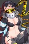  1girl arms_behind_back baggy_pants bangs bikini bikini_top black_bikini black_coat black_hair blush bound bound_wrists breasts caution_tape cleavage coat commentary covered_mouth en&#039;en_no_shouboutai gag grey_background grey_pants groin hair_between_eyes highres hip_vent large_breasts long_hair long_sleeves looking_at_viewer midriff navel nose_blush open_clothes open_coat orange_eyes pants paolo_espana restrained sidelocks simple_background sitting solo sweat swimsuit tamaki_kotatsu tears torn_bikini torn_clothes torn_pants twintails twitter_username visor_(armor) 