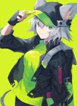  1girl alternate_color animal_ears arknights backpack bag baseball_cap black_gloves black_headwear black_jacket blue_eyes breasts click_(arknights) closed_mouth commentary cowboy_shot eyes_visible_through_hair fingerless_gloves gloves green_background green_shirt hand_on_headwear hat jacket looking_at_viewer medium_breasts mouse_ears mouse_tail open_clothes open_jacket sasa_onigiri shirt short_hair silver_hair simple_background smile solo spiked_hair tail 