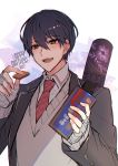  1boy :d bandaged_hands bandages bangs black_hair black_jacket blazer collared_shirt dated eyebrows_visible_through_hair food green_eyes grey_sweater hair_between_eyes hands_up happy_birthday holding holding_food jacket kenmochi_touya long_sleeves looking_at_viewer male_focus necktie nijisanji open_blazer open_clothes open_jacket open_mouth plaid_neckwear red_neckwear school_uniform shikino_yuki shirt sleeves_past_wrists smile solo sweater upper_body virtual_youtuber white_shirt 