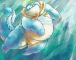  absurd_res anthro belly big_belly blue_body blue_scales boroten clothing crocodile crocodilian crocodylid fupa hat headgear headwear hi_res makara male overweight overweight_anthro overweight_male reptile scales scalie solo speedo swimming swimwear tokyo_afterschool_summoners underwater video_games visor_cap water whistle 