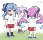  3girls ahoge animal_ears aqua_hair arrow_(projectile) arrow_in_body bangs blue_eyes blue_hair blush buruma cat_ears cat_girl colored_inner_hair commentary drill_hair english_commentary eyebrows_visible_through_hair green_background gym_uniform hair_ornament hair_ribbon hololive hoshimachi_suisei kukie-nyan long_hair looking_at_another maid_headdress medium_hair minato_aqua minecraft multicolored_hair multiple_girls nekomata_okayu open_mouth pink_hair purple_eyes purple_hair ribbon shirt short_hair short_sleeves side_ponytail simple_background twin_drills twitter_username two-tone_hair virtual_youtuber white_background white_shirt 