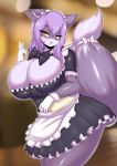  absurd_res anthro big_breasts blurred_background blush breasts canid canine canis cleavage cleavage_overflow clothed clothing female fur gloves handwear hi_res huge_breasts kemono maid_uniform mammal nari_(tailzkim) purple_body purple_fur solo tailzkim uniform wolf yellow_eyes 