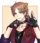  1boy ahoge bangs black_collar black_gloves black_shirt blush brown_background brown_eyes brown_hair collar collarbone eyebrows_visible_through_hair fushimi_gaku gloves hands_up jacket long_sleeves looking_at_viewer low_ponytail male_focus mole mole_under_eye nijisanji open_clothes open_jacket parted_bangs parted_lips partially_fingerless_gloves ponytail red_jacket shikino_yuki shirt solo sparkle upper_body virtual_youtuber 