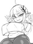  3:4 adelia_(changbae) big_breasts breasts changbae female gesture goblin hi_res huge_breasts humanoid monochrome not_furry solo thick_thighs under_boob v_sign 