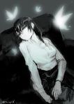  1girl alter_ego_(game) black_hair book braid bug butterfly couch es_(alter_ego) greyscale highres insect looking_at_viewer lying monochrome mugitarou shirt single_braid solo white_shirt 