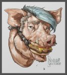  absurd_res anthro bdsm bodily_fluids border domestic_pig drooling facial_piercing gag gagged grey_border hi_res looking_at_viewer male mammal nose_piercing piercing priscillasheep saliva septum_piercing solo suid suina sus_(pig) tusks 
