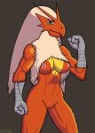  2018 anthro anthrofied athletic big_breasts blaziken blonde_hair blue_eyes breasts digital_media_(artwork) female flexing fur genitals hair half-closed_eyes long_hair looking_at_viewer mane monotone_background muscular muscular_female narrowed_eyes nintendo nude orange_body orange_fur pinup pok&eacute;mon pok&eacute;mon_(species) pose pussy smile solo standing thigh_up video_games yellow_sclera zypter 