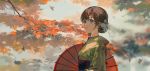  1girl blue_eyes blurry blurry_background branch brown_hair ciloranko dappled_sunlight flower hair_flower hair_ornament highres japanese_clothes kimono leaf obi oriental_umbrella original sash solo sunlight umbrella upper_body 