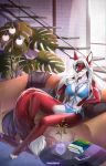  2020 4_toes 5_fingers anthro black_sclera breasts canid canine clothed clothing detailed_background digital_media_(artwork) female fingers fox fur hair hi_res hihikori mammal red_body red_fur sitting smile solo toes white_hair 