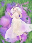  2020 anthro barefoot belly big_belly breasts carduelis cervid cervine clothed clothing dress female flower flower_crown fur glade grass hand_on_stomach hi_res looking_at_viewer lying mammal nature nipples on_grass plant pregnant solo translucent translucent_clothing translucent_dress 