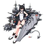  1girl anchor animal_ear_fluff animal_ears bangs bare_shoulders black_gloves black_hair boots cannon cat_ears chain character_request closed_mouth copyright_request covered_navel crossed_legs eyebrows_visible_through_hair fingerless_gloves flight_deck full_body gloves hair_between_eyes highres long_hair looking_at_viewer machinery one-piece_swimsuit red_eyes shadow shibanme_tekikumo simple_background solo swimsuit thigh_strap turret very_long_hair white_background white_footwear white_swimsuit 