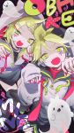  1boy 1girl bass_clef blonde_hair fangs ghost green_eyes hair_ornament hairclip hands_up highres hood hoodie kagamine_len kagamine_rin long_sleeves nokodaru_marin open_mouth pink_nails short_hair siblings smile treble_clef vocaloid 