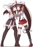  2girls ahoge black_legwear boots brown_hair brown_skirt catfight cherry_blossoms detached_collar detached_sleeves double_bun eye_contact flower grey_eyes hair_flower hair_ornament headgear highres hip_vent japanese_clothes kantai_collection kongou_(kantai_collection) long_hair looking_at_another motion_blur multiple_girls pleated_skirt ponytail red_skirt ribbon-trimmed_sleeves ribbon_trim simple_background single_thighhigh skirt standing thigh_boots thighhighs tiemu_(man190) white_background yamato_(kantai_collection) 