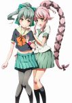  2girls :o aqua_skirt black_footwear black_legwear boots bow buttons eyebrows_visible_through_hair feet_out_of_frame green_bow green_eyes green_hair green_skirt hair_bow hair_flaps highres kantai_collection knee_boots long_hair looking_at_another midriff multiple_girls navel pantyhose pink_hair pleated_skirt ponytail school_uniform serafuku shirt short_sleeves simple_background skirt smile very_long_hair white_background white_shirt yellow_eyes yura_(kantai_collection) yuubari_(kantai_collection) zielgigas 