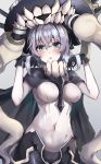  1girl abyssal_ship blue_eyes blush bodysuit breasts capelet covered_navel grey_background hasumushi highres kantai_collection large_breasts looking_at_viewer monster pale_skin parted_lips silver_hair simple_background solo tentacles wo-class_aircraft_carrier 