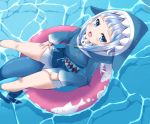  1girl animal_hood bangs blue_hair blunt_bangs commentary elbow_rest fish_tail from_above gawr_gura grey_hair highres hololive hololive_english hood innertube kou89 looking_at_viewer looking_up multicolored_hair open_mouth partially_submerged pool shark_hood shark_print shark_tail sharp_teeth solo tail teeth two-tone_hair virtual_youtuber water 