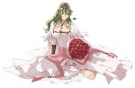  1girl alternate_costume bouquet bow bracer bride capelet dress elf fire_emblem fire_emblem_awakening flower full_body green_eyes green_hair hair_bow high_ponytail highres invisible_floor jewel_necklace long_hair looking_at_viewer pink_bow pointy_ears rose sakuremi sidelocks signature simple_background sitting solo tiara tiki_(fire_emblem) wavy_hair wedding_dress white_background white_dress 