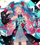  1girl 2019 alternate_costume aqua_background argyle argyle_background arm_at_side armpit_crease bare_legs bare_shoulders black_background blue_flower blue_hair blue_ribbon blue_rose blurry blush bouquet breasts buttons closed_eyes collared_dress commentary_request confetti cowboy_shot crying dated depth_of_field detached_sleeves dot_nose dress eyebrows_visible_through_hair eyelashes facing_viewer floating_hair floral_background flower flying_teardrops grey_dress hair_flower hair_ornament hand_up happy happy_tears hatsune_miku high_collar legs_apart light_particles long_hair long_sleeves multicolored multicolored_background open_mouth petals pleated_dress puffy_long_sleeves puffy_sleeves red_flower red_rose ribbon rose see-through see-through_dress see-through_sleeves shaded_face shiny shiny_hair short_dress shoulder_blush sleeveless sleeveless_dress small_breasts smile solo standing streaming_tears tareme tears teeth twintails ume_neko_(otaku-nyanko) upper_teeth vocaloid white_background 