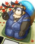  2020 anthro autumn belly brown_body brown_fur canid canine clothed clothing detailed_background fur hi_res humanoid_hands kemono koriinu live-a-hero male mammal overweight overweight_anthro overweight_male raccoon_dog shoen solo tanuki video_games 