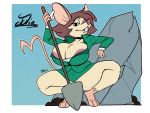  2020 4:3 alpha_channel animaniacs animaniacs_(2020) anthro areola big_breasts breasts brown_body brown_fur brown_hair buckteeth cleavage clothed clothing female fur hair half-closed_eyes hi_res julia_brain jyto looking_at_viewer mammal mouse multicolored_body multicolored_fur murid murine narrowed_eyes pinky_and_the_brain rodent shovel solo teeth tools warner_brothers white_body white_fur 