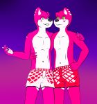  2020 5_fingers anthro blurred_background canid canine canis clothed clothing duo facial_markings fingers fur green_eyes head_markings hi_res hug line_art looking_at_viewer male male/male mammal markings partially_clothed pink_body pink_fur purple_background raf_(romeoarts) red_clothing red_underwear romeo_(romeoarts) romeoarts simple_background smile underwear white_body white_clothing white_fur white_underwear wolf 