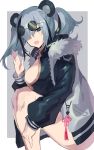  1girl animal_ears arknights bare_legs black_dress black_hair breasts china_dress chinese_clothes cleavage_cutout clothing_cutout commentary dress eyebrows_visible_through_hair eyewear_on_head fang feater_(arknights) fur-trimmed_jacket fur_trim grey_background grey_jacket hair_between_eyes hair_over_one_eye highres invisible_chair jacket large_breasts legs_together long_sleeves looking_at_viewer medium_hair multicolored_hair open_mouth panda_ears round_eyewear sasa_onigiri short_dress silver_hair simple_background sitting solo streaked_hair sunglasses tassel thighs tinted_eyewear twintails two-tone_hair waving yellow_eyes 