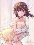  1girl bangs blush breasts brown_hair cleavage dress feathers floral_print food_print frilled_dress frills grin highres holding holding_pillow medium_breasts original pillow red_eyes short_hair smile solo strawberry_print yami_(m31) yellow_dress 