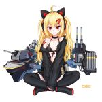  1girl ahoge animal_ears bangs bare_shoulders bikini black_bikini black_choker black_footwear black_jacket black_legwear blonde_hair boots breasts cannon cat_ear_headphones cat_ears choker closed_mouth collarbone copyright_request crossed_legs eyebrows_visible_through_hair fake_animal_ears front-tie_bikini front-tie_top full_body hair_ornament hair_ribbon headphones highres jacket long_hair long_sleeves looking_at_viewer machinery off_shoulder open_clothes open_jacket red_eyes red_ribbon ribbon shibanme_tekikumo simple_background sitting sleeves_past_wrists small_breasts smile solo swimsuit thighhighs thighhighs_under_boots torpedo turret two_side_up v-shaped_eyebrows very_long_hair white_background 