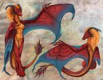anthro areola belly blonde_hair blue_eyes breasts caribou_(artist) claws digital_media_(artwork) dragon european_mythology eztli_(user_55) feet female fin front_view genitals hair horn medium_breasts membrane_(anatomy) model_sheet mythological_creature mythological_scalie mythology nipples non-mammal_breasts nude raised_arm rear_view red_body scalie simple_background smile solo standing tail tail_fin vulva western_dragon winged_arms wings wyvern yellow_belly