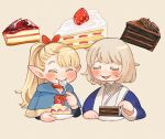  2girls alt_text black_shirt blonde_hair blue_capelet blue_robe blush bow brown_background cake cake_slice capelet chibi chibi_only chocolate_cake choker closed_eyes closed_mouth colored_eyelashes commentary_request cropped_torso dungeon_meshi elf falin_touden falin_touden_(tallman) food fruit grey_shirt hair_bow happy high_ponytail holding holding_plate holding_spoon long_hair long_sleeves marcille_donato multiple_girls open_mouth plate pointy_ears ponytail red_bow red_choker robe sasakura34 shirt short_hair side-by-side simple_background smile spoon strawberry strawberry_shortcake utensil_in_mouth whipped_cream 