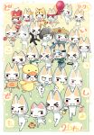  >_< 1boy 2025 :3 :d animal_costume animal_ears animal_print anniversary apple balloon band_uniform bird black_eyes black_headband black_pants black_shoes black_tailcoat blood blood_from_eyes blush_stickers border bow bowtie box bucket cape cardboard_box cat_boy cat_ears cat_tail chibikemo closed_eyes closed_mouth commentary_request confetti cosplay crayon crown doko_demo_issho dotted_background duck duck_costume food fork fruit full_body furry furry_male fuurai_no_shiren green_background green_bow green_bowtie grey_vest handheld_game_console hat headband highres holding holding_balloon holding_baton holding_bucket holding_crayon holding_food holding_fork holding_fruit holding_handheld_game_console holding_star inoue_toro male_focus marching_band_baton mask mouth_hold mouth_mask ninja onigiri open_mouth outside_border pants red_bow red_bowtie red_hat red_headband red_pants red_shirt sandogasa shiren_(fuurai_no_shiren) shiren_(fuurai_no_shiren)_(cosplay) shirt shoes smile solid_circle_eyes speech_bubble stalk_in_mouth star_(symbol) tail takamura_masaya tiger_costume tiger_print vest white_border white_bow white_bowtie yellow_background 
