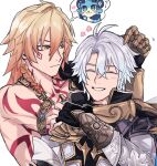  2boys antenna_hair arm_tattoo armor black_choker black_coat black_gloves black_shirt blonde_hair braid chest_tattoo choker clawed_gauntlets closed_eyes coat commentary_request facial_tattoo fingerless_gloves gloves gold_necklace gradient_hair honkai:_star_rail honkai_(series) jewelry kbutstrhy male_focus medium_hair multicolored_hair multiple_boys mydei_(honkai:_star_rail) necklace open_clothes open_coat parted_bangs pauldrons phainon_(honkai:_star_rail) red_hair red_tattoo shirt short_hair shoulder_armor side_braid simple_background single_pauldron tattoo white_background white_coat white_hair yaoi yellow_eyes 