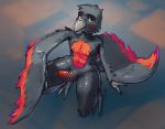  absurd_res anthro avian bird black_body genitals hi_res kneeling male multicolored_body penis rainset red_eyes solo two_tone_body 