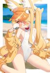  1girl above-cleavage_cutout animal_ear_fluff animal_ears bare_shoulders beach blonde_hair blue_archive clothing_cutout cross_halo diamond_cutout eskimofox food fox_ears fox_girl halo highleg highleg_one-piece_swimsuit highres holding holding_food holding_ice_cream ice_cream jacket looking_at_viewer off_shoulder official_alternate_hairstyle one-piece_swimsuit open_clothes open_jacket open_mouth orange-tinted_eyewear sandals seia_(blue_archive) seia_(swimsuit)_(blue_archive) side_ponytail sitting solo sunglasses swimsuit tinted_eyewear visor_cap wariza white_one-piece_swimsuit yellow_halo yellow_jacket yellow_sandals yellow_visor 