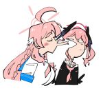  2girls ahoge black_shirt black_wings blue_archive blush_stickers halo hanako_(blue_archive) head_wings highres kinzaibatsu91 koharu_(blue_archive) long_hair looking_at_another multiple_girls neckerchief pink_hair pink_halo pink_neckerchief puckered_lips red_halo shirt simple_background white_background white_shirt wings yuri 