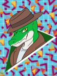  1990s 3:4 90s_decade abstract_background alligator alligatorid anthro brown_clothing brown_hat brown_headwear clothing cregon crocodile crocodilian crocodylid fedora green_body hat headgear headshot headshot_portrait headwear hi_res looking_at_viewer male philfox portrait reptile scalie shirt solo topwear white_clothing white_shirt white_topwear yellow_eyes 