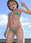  1girl arena_(company) artist_name bikini blue_sky blurry breasts brown_hair building closed_eyes cloud cowboy_shot depth_of_field from_below green_bikini highres logo micro_bikini mu-pyon original short_hair sky small_breasts solo swimsuit tan tanline v wet 