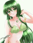  1girl absurdres armlet bare_shoulders bikini blush breasts cleavage collarbone commentary_request conch earrings green_bikini green_eyes green_hair green_nails hair_between_eyes highres jewelry long_hair looking_at_viewer medium_breasts mermaid mermaid_melody_pichi_pichi_pitch monster_girl navel necklace open_mouth shell shell_bikini shell_necklace smile solo stomach swimsuit touin_rina touin_rina_(mermaid) tsukishiro_yayoi_(yumeir0) very_long_hair 
