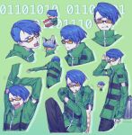  1boy animalization binary black-framed_eyewear black_pants blue_eyes blue_hair chibi chibi_inset clenched_teeth clothes_in_mouth collared_jacket commentary cropped_legs cropped_shoulders cropped_torso detached_sleeves drop_shadow english_commentary explosive fingerless_gloves from_behind from_side glasses gloves green_jacket grenade_pin grenade_pin_in_mouth grey_background highres jacket looking_ahead looking_at_viewer looking_to_the_side multiple_views open_mouth orange-tinted_eyewear outstretched_arm pants person_and_animalization persona persona_3 salute shirato_jin short_hair simple_background smile stretching striped_clothes striped_jacket teeth tinted_eyewear tkjnbrnrt tnt tnt_block_(minecraft) tongue tongue_out undercut yawning 