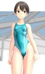  1girl absurdres aqua_swimsuit black_hair breasts brown_eyes clothes_writing competition_swimsuit contrapposto cowboy_shot highres looking_to_the_side one-piece_swimsuit original short_hair small_breasts smile solo standing swimsuit takafumi two-tone_swimsuit 