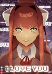  1girl absurdres artist_name blush brown_hair commentary_request doki_doki_literature_club edo_nova english_text eyelashes green_eyes hair_intakes hair_ribbon heart highres instagram_logo instagram_username long_hair looking_at_viewer monika_(doki_doki_literature_club) neck_ribbon patreon_logo patreon_username portrait red_ribbon ribbon smile solo spanish_commentary straight-on twitter_logo twitter_username web_address white_ribbon yellow_pupils 
