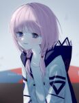  1girl blue_eyes blue_hood blush braid hair_over_shoulder highres hood hood_down hooded_jacket jacket kaf_(kamitsubaki_studio) kamitsubaki_studio long_hair long_sleeves looking_at_viewer low_twin_braids open_clothes open_jacket open_mouth pink_hair shirt sidelighting smile solo suica_000 twin_braids twitter_username upper_body virtual_youtuber white_background white_jacket white_shirt yellow_pupils 