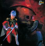  1970s_(style) 1980s_(style) 1990s_(style) 1998 1boy absurdres belt blonde_hair boots cable char_aznable combat_helmet cover epaulettes eye_mask gloves gundam helmet highres kneeling laserdisc_cover logo machinery mask mecha military_uniform mobile_suit mobile_suit_gundam nose_art official_art one-eyed painting_(medium) radio_antenna realistic retro_artstyle robot scan science_fiction signature star_(symbol) title traditional_media white_boots white_gloves yasuhiko_yoshikazu zaku zaku_ii zaku_ii_s_char_custom zeon 