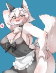  &lt;3 anthro apron big_breasts biped black_nose blue_background blush breasts canid canine cheek_tuft chest_tuft choker cleavage clothed clothing curvy_figure cute_fangs eye_markings facial_tuft female fluffy fluffy_tail fox fur glistening glistening_body glistening_breasts glistening_fur glistening_skin grey_eyes hair hand_behind_head hand_on_hip hi_res huge_breasts inner_ear_fluff jewelry kemono kinokoningen looking_at_viewer maid_headdress maid_uniform mammal markings monotone_body monotone_fur necklace nipple_outline no_underwear open_mouth open_smile pictographics pose red_markings short_hair simple_background sitting smile solo speech_bubble standing thick_thighs tongue tuft uniform voluptuous white_body white_fur white_hair wide_hips 