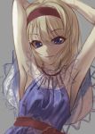  1girl akane_hazuki alice_margatroid armpits arms_up blonde_hair blue_dress blue_eyes bracelet breasts capelet commentary_request dress eyebrows_visible_through_hair eyelashes grey_background hair_between_eyes hairband jewelry looking_at_viewer parted_lips red_hairband see-through short_hair simple_background sleeveless sleeveless_dress small_breasts smile solo symbol_commentary touhou upper_body 