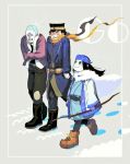  &gt;:) 1girl 2boys ainu ainu_clothes aqua_eyes asirpa bandana black_hair boots bow_(weapon) buzz_cut cape facial_hair fur_boots fur_cape golden_kamuy hat holding holding_bow_(weapon) holding_weapon kepi long_hair military_hat multiple_boys oku_(2964_okn) scar scar_on_cheek scar_on_face scar_on_mouth scar_on_nose scarf shaved_head shiraishi_yoshitake sugimoto_saichi trembling weapon winter 