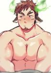  1boy absurdres animal_ears bara blush brown_hair cow_ears facial_hair forked_eyebrows gekiyasu_0621 glowing_horns goatee highres horns looking_to_the_side male_focus muscle no_nipples nude pectoral_press pectorals short_hair sketch solo thick_eyebrows tokyo_houkago_summoners upper_body wakan_tanka 