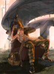  1girl ammunition_belt armchair as_val assault_rifle bulletproof_vest camouflage camouflage_pants chair cityscape elevated_highway gloves gun hat highres highway original pants rifle ruins scope shoes sneakers solo tank_top trigger_discipline van_duck_iii weapon white_hair witch_hat 